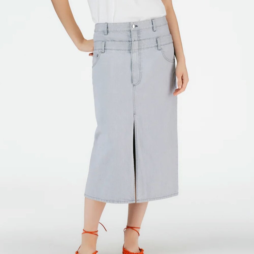 Tibi double waisted denim skirt, gray, size 28. $80. EUC